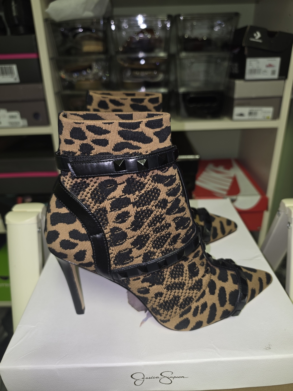 Jessica Simpson Leopard Knit Pointed-Toe Stiletto Booties